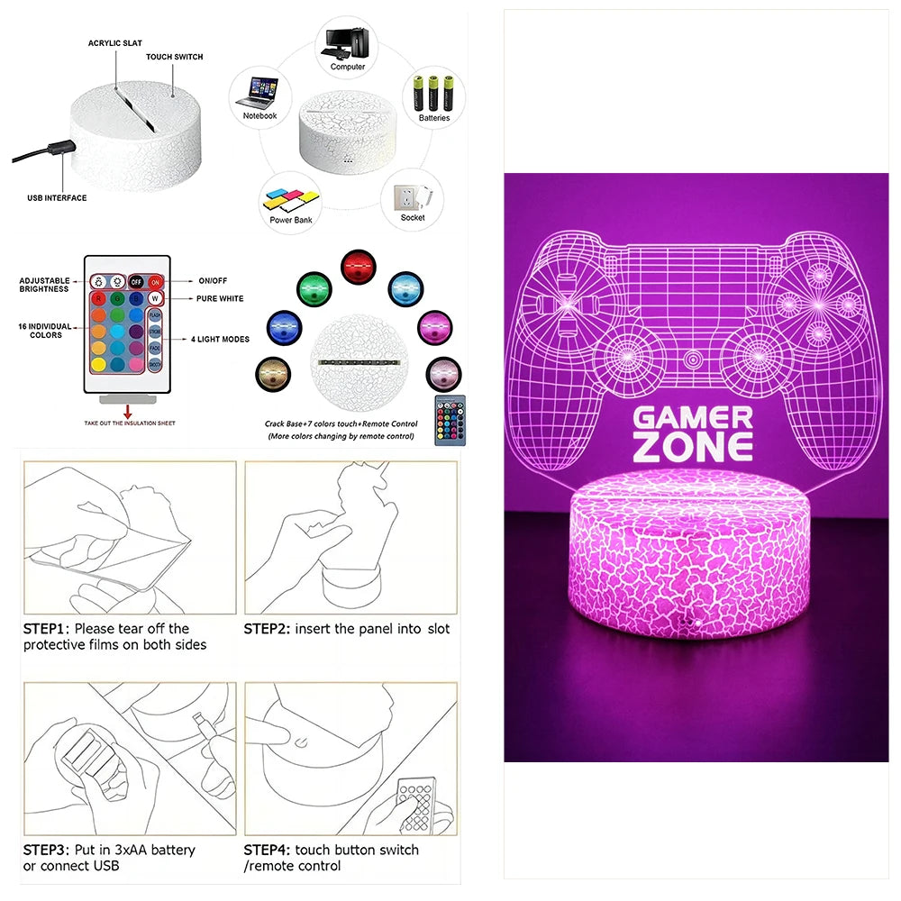 NextGlow Lâmpada Gamer 3D RGB – Iluminação LED para Setup Infantil ou Quarto Gaming