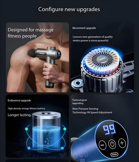 Lenovo PulseRecover Pistola de Massagem Muscular 8 Pontas – Ecrã LED e Alívio Profundo Pós-Treino