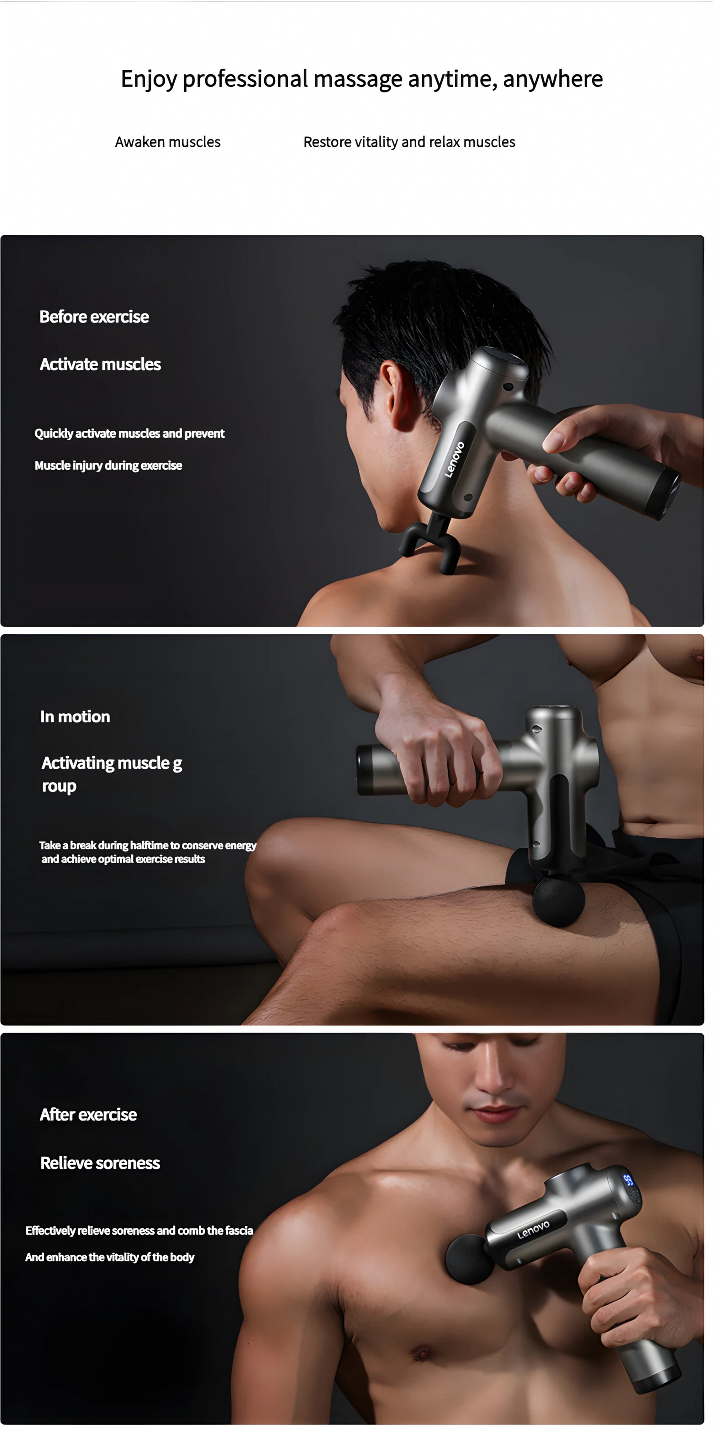 Lenovo PulseRecover Pistola de Massagem Muscular 8 Pontas – Ecrã LED e Alívio Profundo Pós-Treino