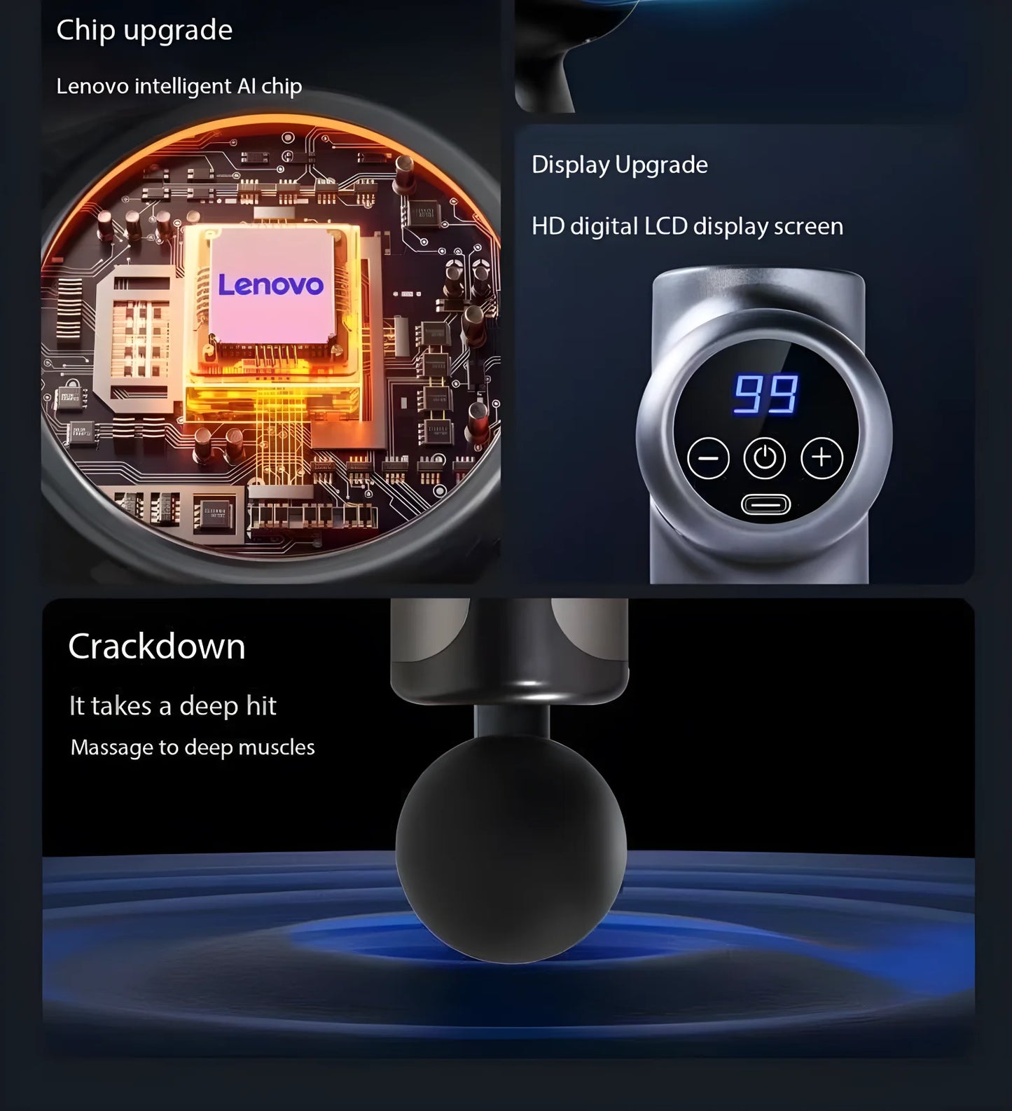 Lenovo PulseRecover Pistola de Massagem Muscular 8 Pontas – Ecrã LED e Alívio Profundo Pós-Treino
