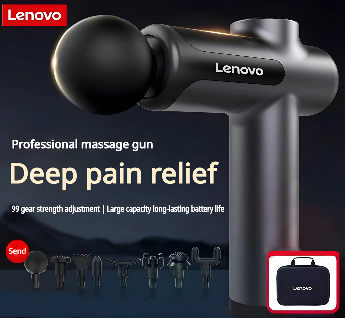 Lenovo PulseRecover Pistola de Massagem Muscular 8 Pontas – Ecrã LED e Alívio Profundo Pós-Treino